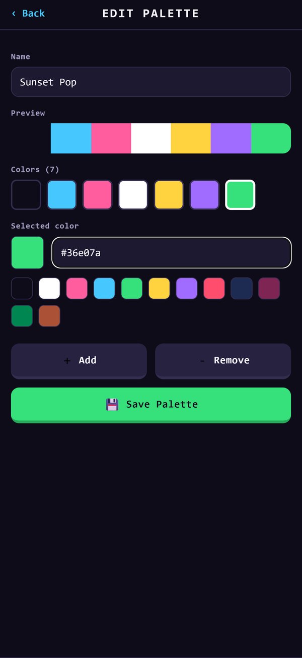 Palette Studio: a custom palette named Sunset Pop with seven colors, a hex input and preset swatches